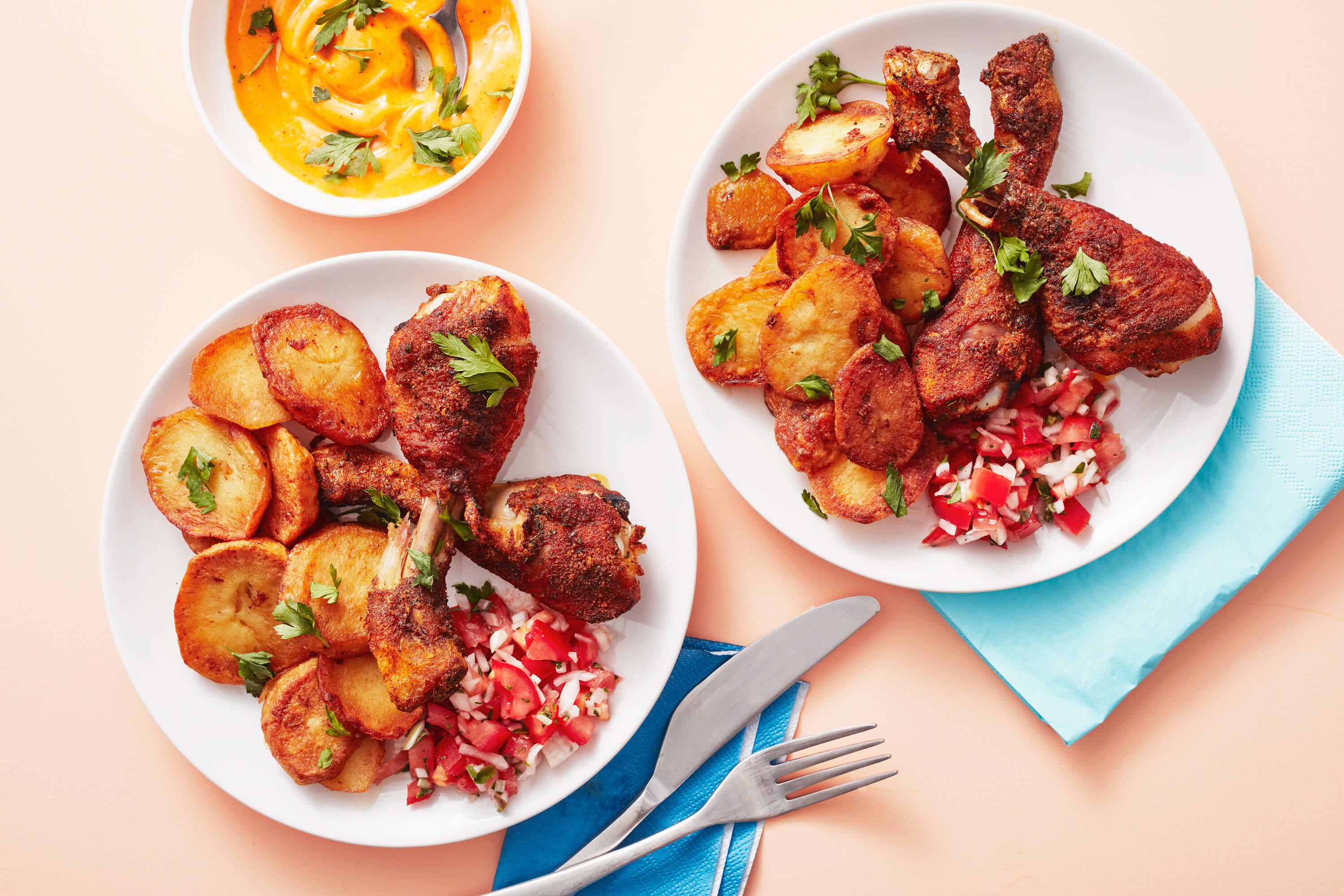 recipe image Gebakken aardappels met gekruide kippenpootjes